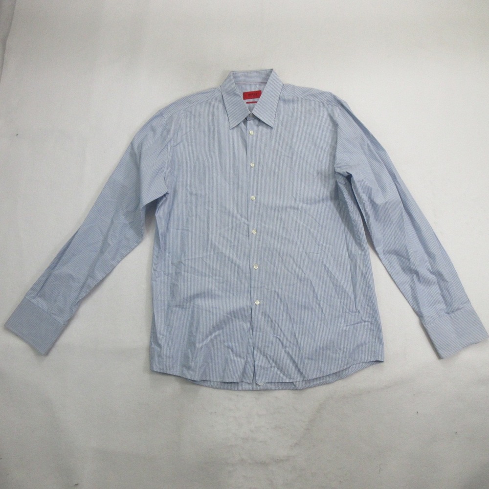 Hugo Boss Men's Dress Shirt Size 17 Slim Fit Long Sleeve Blue White Striped